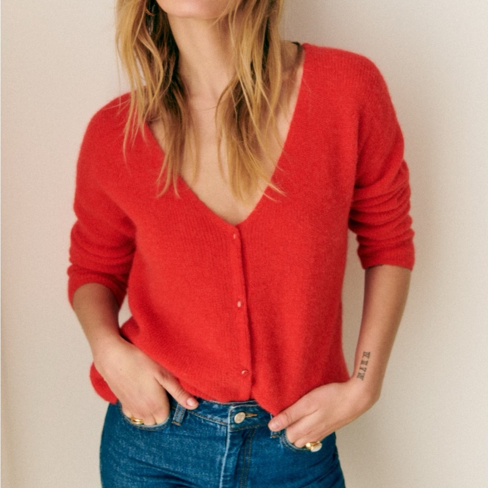 Sezane V-Neck Red Button-Front Cardigan
